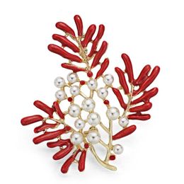 Exquisite Red Glaze Maple Coral Imitation Pearl Clothes Accessories Jewelry Brooches For Women Chic Wedding Gift