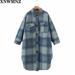Women Fashion Wool blended plaid coat Vintage With Pockets Cheque Long Sleeve Button-up Female Woollen Outerwear Chic Overcoat 210520