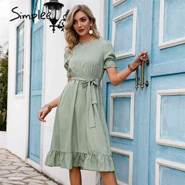 Simplee Chic polk dot women midi dress spring summer Elegant puff sleeve o-neck dresses female High waist sash dress ruffled new 210323