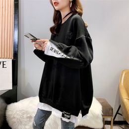 Plus Size Spring Autumn Women Pullovers Hoodies Medium-long Faux Two Piece O Neck Loose Thin Top Sweatshirts Casual Black 210805