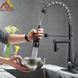 Blackend Spring Kitchen Faucet Pull out Side Sprayer Dual Spout Single Handle Mixer Tap Sink Faucet 360 Rotation Kitchen Faucets 210724