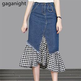 Fashion Women Skirt High Waist Plus Size Faldas Jeans Patchwork Plaid A Line Lady Elegant Long Skirts Casual Ruffles 210601