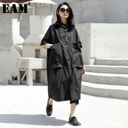 [EAM] Spring Summer Round Neck Half Sleeve Black Pocket Split Joint Loose Big Size Shirt Dress Women Fashion JT540 21512