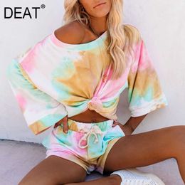 [DEAT] Summer Fashion Long Sleeve Round Neck Tie Dye Printing Tops Drawstring Casual Shorts Women Two-piece Suit 13C667 210527