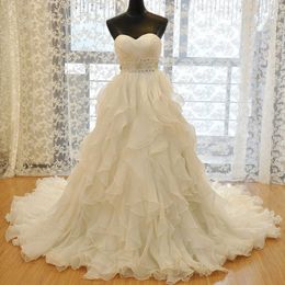 Real Photo A line Wedding Dresses Gown Sweetheart Ruffles Organza Court Train Corset Back Long Bridal Gowns