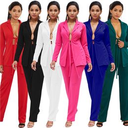 Office Lady Casual Blazer Sets Formal Two Piece Set Female Slim Elegant Tie Cardigan Coat Loose Long Pant Women's Suits 6 Colors 210507