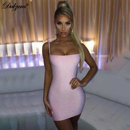 Dulzura Bling Glitter Sequin Women Strap Mini Dress Ruched Lace Up Backless Bodycon Sexy Party Club Autumn Winter Elegant Y0603