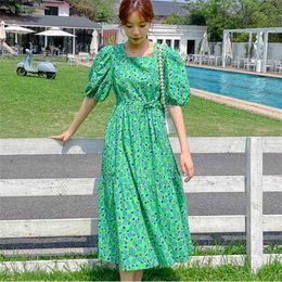 Korean Green Flowers Square Collar Puff Sleeve Chic Dress Ladies Vestidos Summer Elegant Casual Vacation Dresses Female 210519