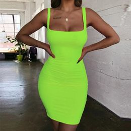 Casual Dresses Women Sling Bodycon Dress Summer Square Neck Backless Wrap Hip Sexy Neon Green Sleeveless Club Party Mini Female