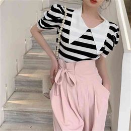 High Quality Summer 2 Piece Set Elegant Stripe Peter Pan Collar Puff Sleeve T-Shirt And Waist Wide leg pants Suit Female 210519