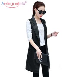 Aelegantmis Women Pu Leather Vest Outerwear Spring Female Fashion Waistcoat Turn Down Collar Plus Size 3XL Sleeveless Jacket 210607