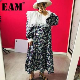 [EAM] Women Big Size Floral Print Ruffles Dress Peter Pan Collar Puff Sleeve Loose Fit Fashion Spring Autumn 1DD6846 21512