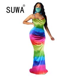 Colourful Striped Printed Women Celebrity Fashion Midi Elegant Festival Sexy Club Party Spaghetti Strap Dress Vestidos Female 210525