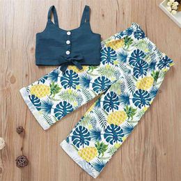 Summer Children Sets Casual Strap Single Breasted Blue Solid Tops Print Palm Pineapple Pants 2Pcs Girls Clothes 1-5T 210629