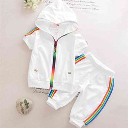 Kid Boy Girl Clothes Sportswear Summer Fashion Short Sleeve Colorful Zipper Hooded Clothing For Girls Children Outfit Set 210326