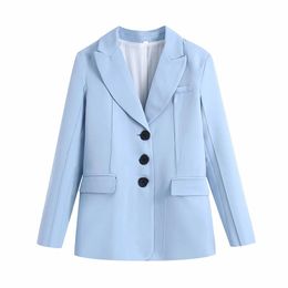 BBWM Vintage Elegant Women Blue jacket Fashion Female Work Suit Turn-Down Collar Single-Breasted Coat Chic Top Casual Casaco 210520
