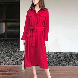 Women Summer Solid Shirts Dress Long Sleeve Sashes Bow Tie Turn-down Collar Female Loose Vintage Dresses Vestidos 210513
