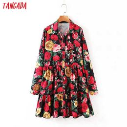 Tangada fashion women Red flowers print dress turn down collar Long Sleeve Ladies Loose midi Dress Vestidos 3Z75 210609