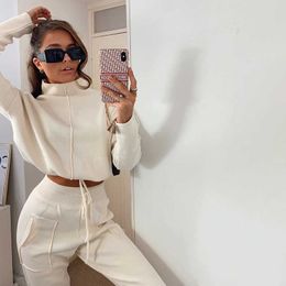 hirigin Sportswear Autum Winter Warm Two Piece Set Turtleneck Tops + Sweat Pants Women Matching Sets Clothing 2 Piece Outfit Y0625