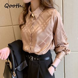 Qooth Womens Spring Summer Shirt Plus Size Multi Colours Fashion Design Loose Long-Sleeve Single Breasted Satin Shirt Tops QT556 210518