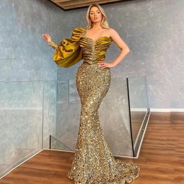 Chic Yellow Mermaid Prom Dresses One Shoulder Sequins Ruffles Evening Dress Custom Made Puffy Long Sleeves Floor Length Party Gown