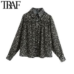 TRAF Women Fashion With Lace Trim Semi-sheer Animal Print Blouses Vintage Long Sleeve Button-up Female Shirts Chic Tops 210317