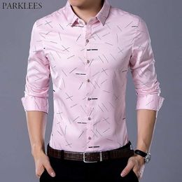 Men's Fashion Geometric Lines Print Shirt Spring Slim Fit Long Sleeve Dress Shirt Business Casual Wedding Chemise Pink 210522