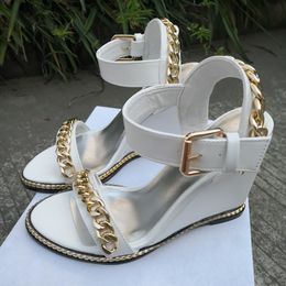 Handmade Ladies Wedge Heeled Sandals Chains Deco Open-toe Sexy Real Pictures Large Size 35-47 Evening Party Prom Fashion Summer Shoes D551