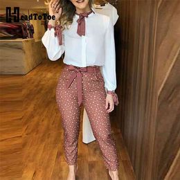 Tied Detail Top & Polka Dot Print Pants Set Casual Women Two Piece Set Outfits Office Workwear 210819