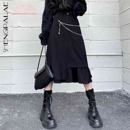 personality skirt women's spring high waist irregular chian streetwear black knee-length female 5C180 210427