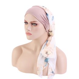 Women Chiffon material printed breathable long headscarf elastic band turban hair care Headwear adjustable headcover