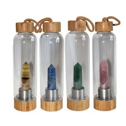 550ML Natural Crystal Glass Cup Water Bottles Energy Purify Bamboo Cover Kettle Outdoor Camping Portable Water Cups