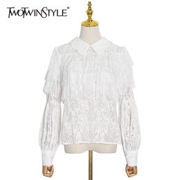 TWOTWINSTYLE Lace Up Bowknot Lace Shirt For Women Lapel Long Sleeve Elegant Blouse Female Fashion Clothing Autumn 210517