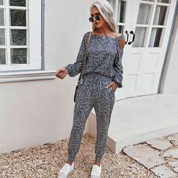 Fashion Soring printed casual stayhome style pants sweat suit O-Neck leopard two piece set women suit womens clothes 210514