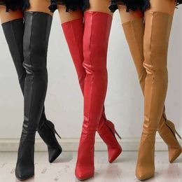 2021 Autumn Winter Leather Pointed Slim Zipper Women Over The Knee Heel Thigh High Woman Boot Stiletto High Heels Women's Shose Y1018