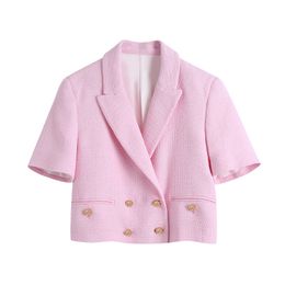 Women Pink Twill Elegant Blazer Jacket Spring Short Sleeve Office Casual Coat Turn Down Collar Ladies Tops Outerwear 210430