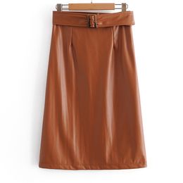 Women Summer PU Casual Straight Skirts Solid Sashes High waist Fashion Street Female Elegant Knee-Length Skirt Clothes 210513