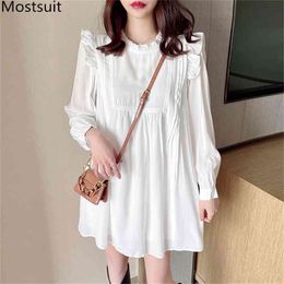 White Elegant Women Mini Dress Full Sleeve Stand Collar Ruffles Dresses Solid Loose Ladies Korean Vestidos Femme Autumn 210513