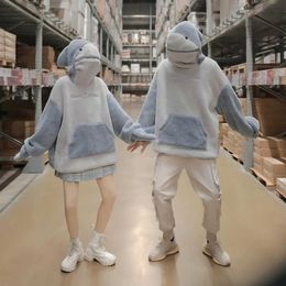 Couple Clothes Unisex Fish Hooded Oversized Long Sleeve Sweatshirt Pocket Wearable Cotton Blend Soft Sweatshirt X0629