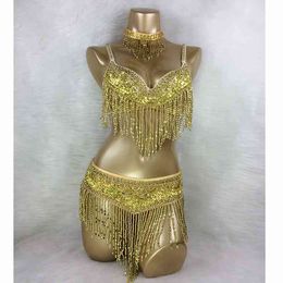 Women's Dance Set Carnival Costume Beaded Dancing Clothes Sexy Night Bellydance Tops Chain BRA Belt 3pcs
