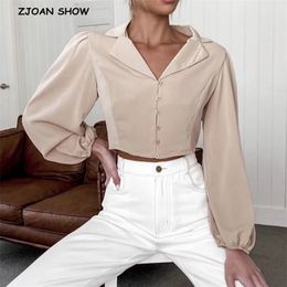 Retro Notched Collar High Waist Short Shirt French Apricot Single-breasted Button Long sleeve Women Blouse Vintage Tops 210429
