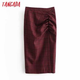 Tangada Women Red Plaid Midi Skirt Faldas Mujer Vintage Zipper Office Ladies Elegant Chic Mid Calf Skirts QN12 210609