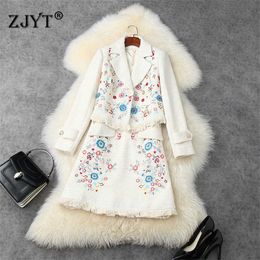 Top Fashion Runway Designers Flower Embroidery Tweed Woolen Jacket and Dress Autumn Winter Woman Clothes Two Piece Vestidos 210601