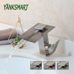 waterfall taps lights Australia - Bathroom Sink Faucets YANKSMART Nickel Brushed LED Light Basin Faucet Single Handle Deck Mounted Taps Waterfall Cold And Mixer Tap