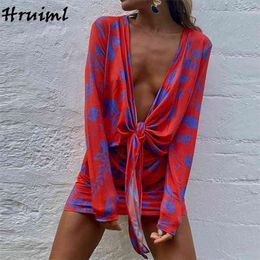 Floral Dress Printing Skinny Long Sleeve Fashion Dresses for Women Sexy Clubwear Deep V Neck Africa 210513
