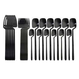 24pcs Black Cutlery Set Spoon Fork Knife Tableware Set Kitchen Decor Dinnerware Sets Ice Cream Desserts Soup Coffee Use 210317