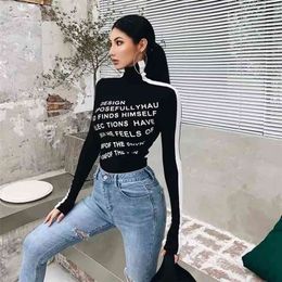 XIBANI Casual letter print top women's high neck black and white contrast bottoming top with long sleeves in autumn winter shirt 210324