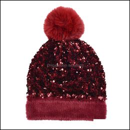 Wide Brim Hats & Caps Hats, Scarves Gloves Fashion Aessories Sequins Knitted Pompom Removable Winter Outdoor Beanie Warm Skl Woollen Street W