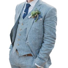 Light Blue Linen Groom Tuxedo for Wedding 3 piece Custom Men Suits with Notched Lapel Outdoor Man Fashion Jacket Vest with Pants X0909
