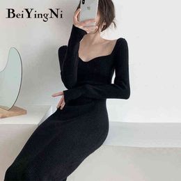 Beiyingni Skinny Bodycon Midi Dress for Woman Vintage Casual Long Sleeve Knitted Sweater Dresses Ladies Slim Basic Street Robes Y1204